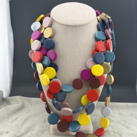 Estate Jewelry - Statement Necklace Layered Painted Wood Disc Bright Summer Party 18"